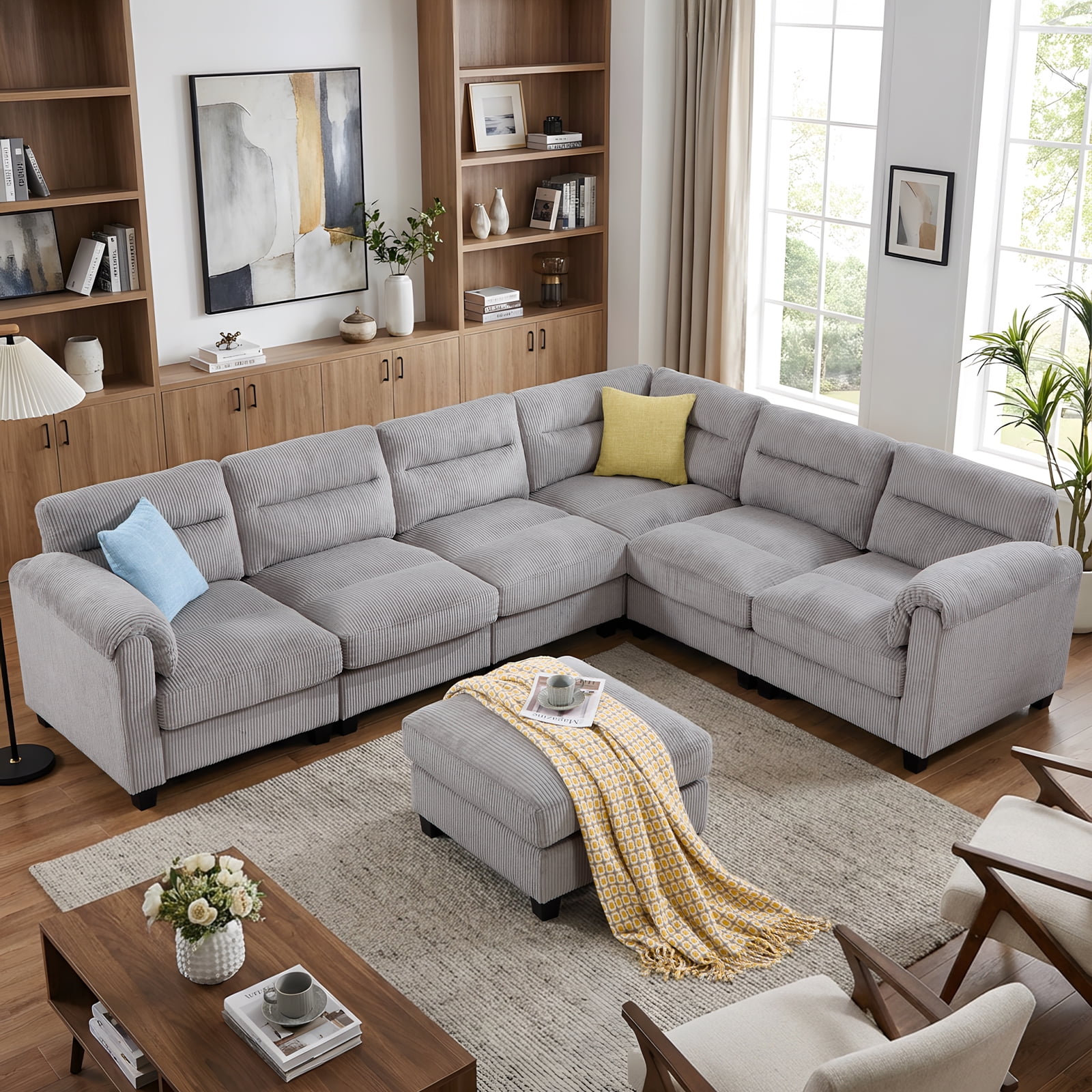 Bonzy Home Modular Plush Convertible Sectional Sofa with Ottoman, Gray