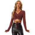 thumbnail image 1 of Blusa de fiesta para mujer de manga larga de malla transparente con lazo y brillo Rojo oscuro XS, 1 of 6