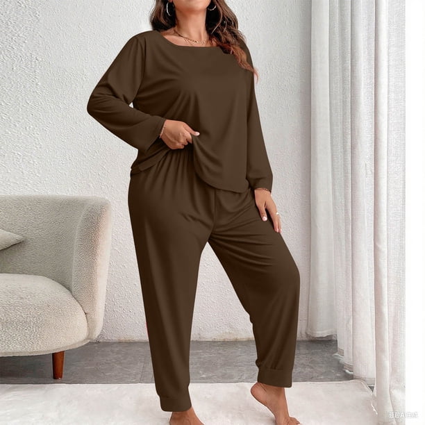 Conjunto de pantalones y blusa de poliéster para mujer, de talla grande, a la moda, de manga larga y color liso, informal, para estar en casa