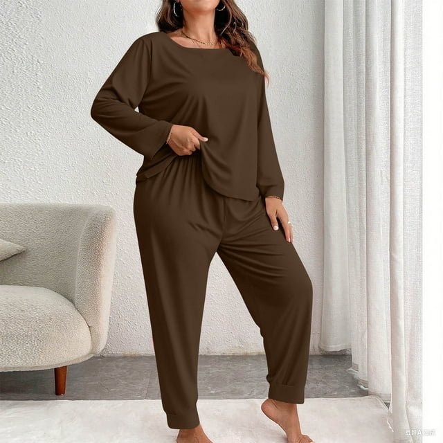 Conjunto de pantalones y blusa de poliéster para mujer, de talla grande, a la moda, de manga larga y color liso, informal, para estar en casa