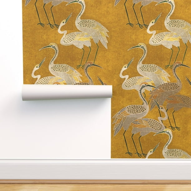 Commercial Grade Wallpaper Swatch Deco Cranes Golden Birds Gold
