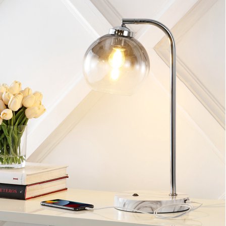JONATHAN Y Ada 20" Industrial Contemporary Iron/Glass LED Task Lamp with USB Charging Port, Chrome/Smoke Gray, JYL1131A