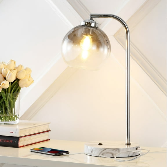 JONATHAN Y Ada 20" Industrial Contemporary Iron/Glass LED Task Lamp with USB Charging Port, Chrome/Smoke Gray, JYL1131A