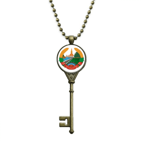 laos asia national emblem key necklace pendant tray embellished chain