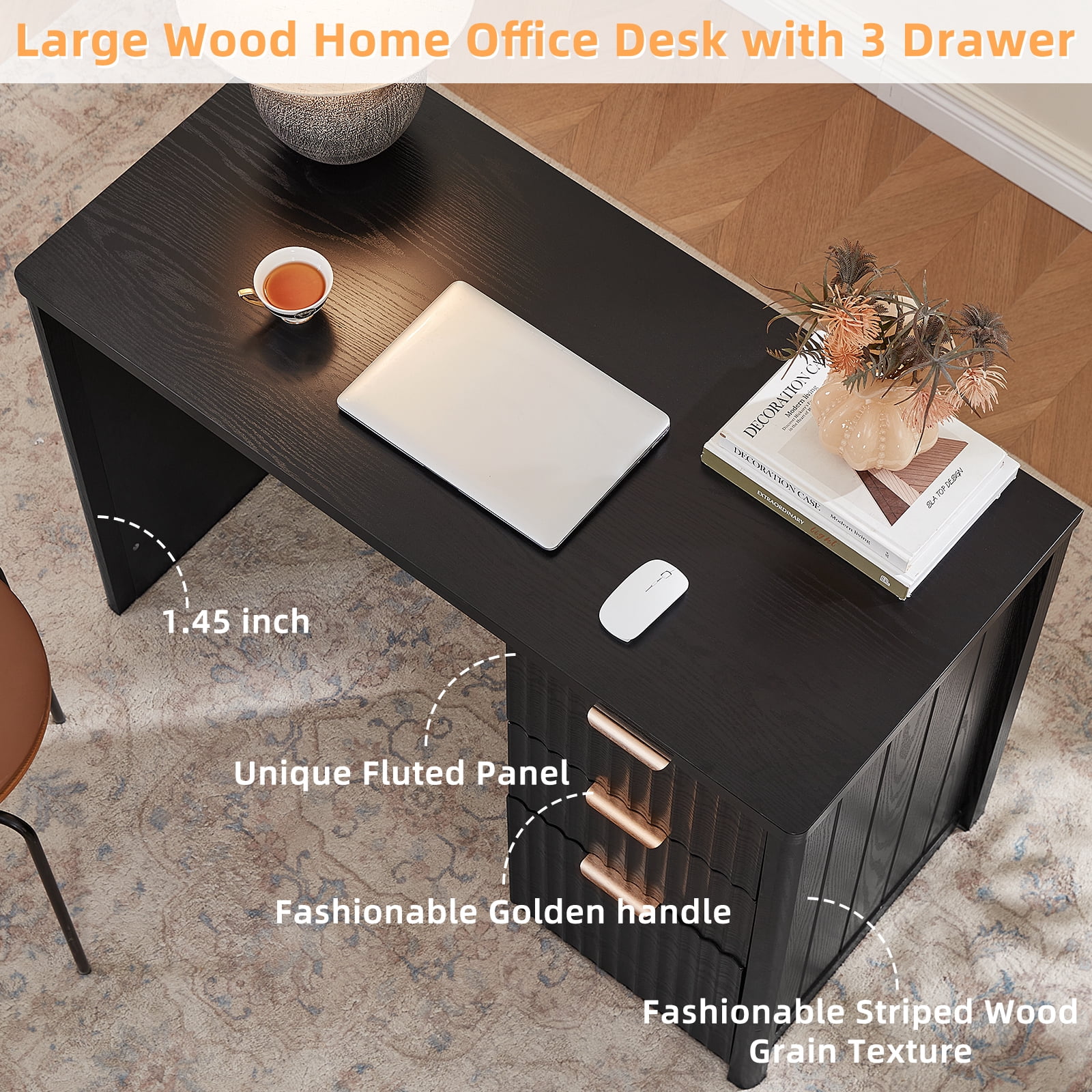 Joaxswe 48" Computer Desk with 3 Drawers, Fluted Wood Home Office Desk, Farmhouse PC Desk for Study, Bedroom, Black