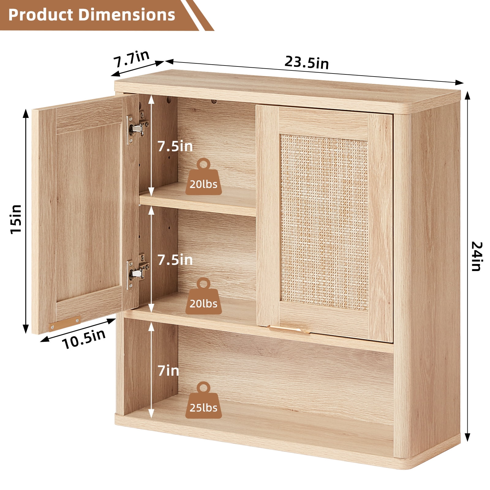 Leyaoyao Boho Bathroom Cabinet Wall Mounted with Doors, Wood Hanging Cabinet, Adult Wall Cabinets with Shelves Over The Toilet, Natural Oak