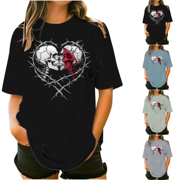 FNFYFH Plus Size Graphic Tees for Women Short Sleeve Crewneck T-Shirt 90s Rock Vintage Skeleton Tshirt