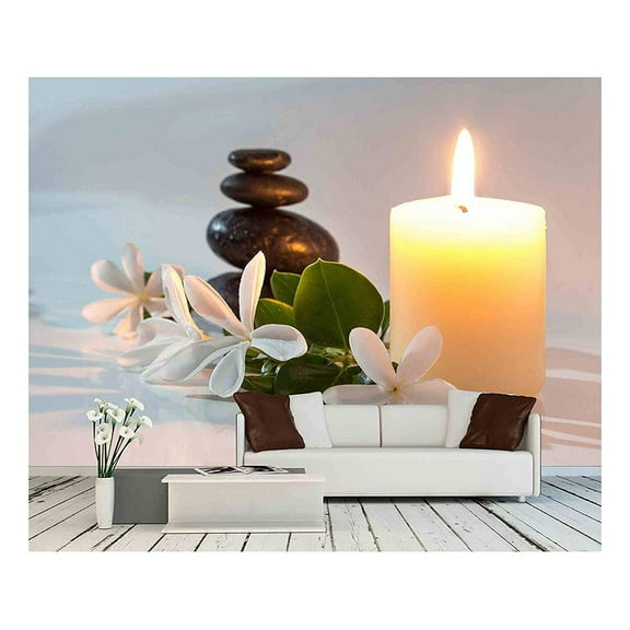 wall26 - Tiare Flowers, Candle and Black Stone Spa - Removable Wall Mural | Self-Adhesive Large Wallpaper - 66x96 inches
