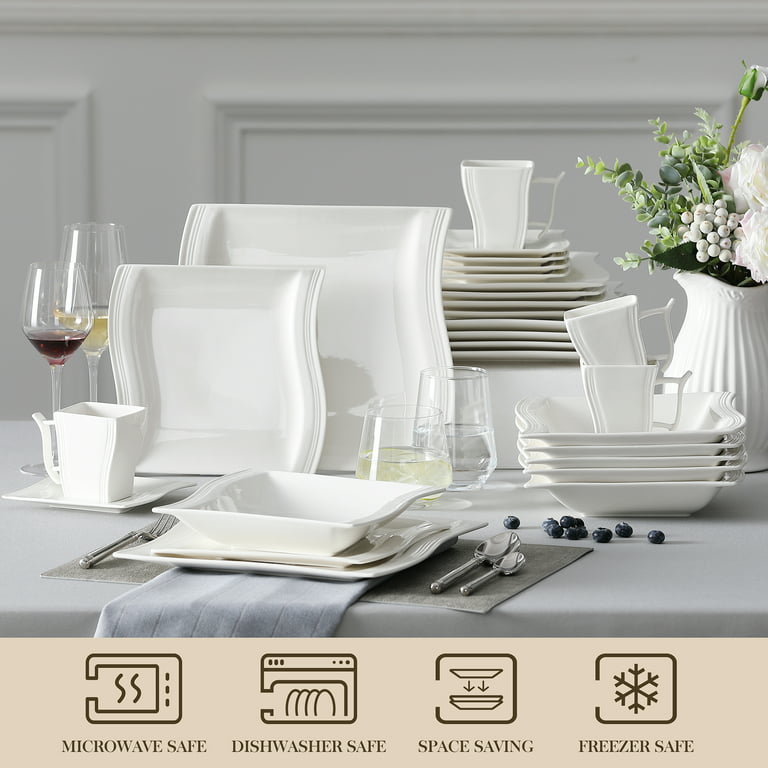 MALACASA, Series Flora, 30-Piece Porcelain Dinnerware Set, Ivory White  Dinner Set, Service for 6
