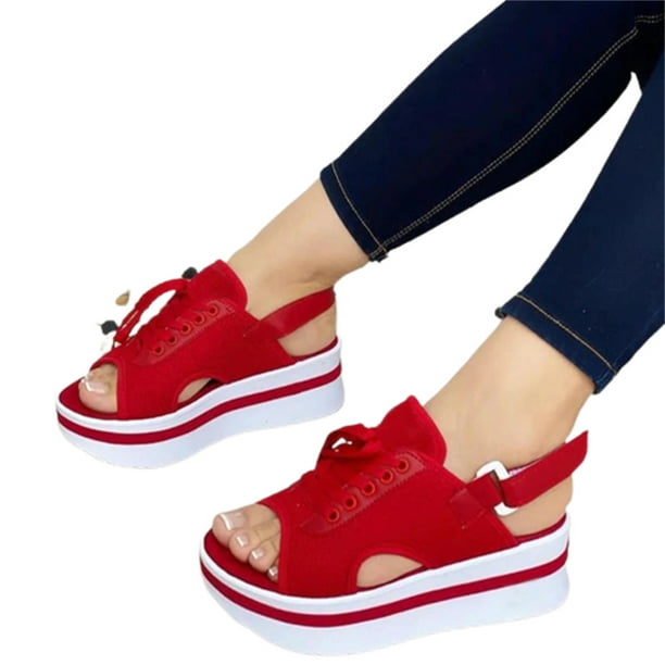 Women Chunky Platform Sandals Tie-up Upper PU Shoes Hook & Loop Heel ...