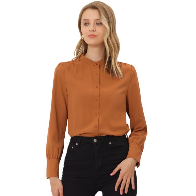 INSPIRE CHIC Chemisier à Col Montant pour Femmes, Manches Longues, Orange, P