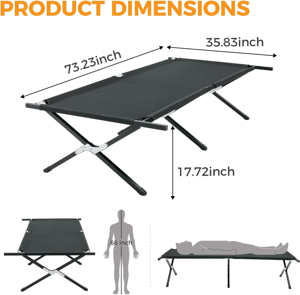 Simenmax Heavy Duty Folding Camping Cot – 300LBS Capacity Sleeping Bed, Portable Army Cot with Carry Bag for Outdoor Travel, RV, or Home Guest Use，Black