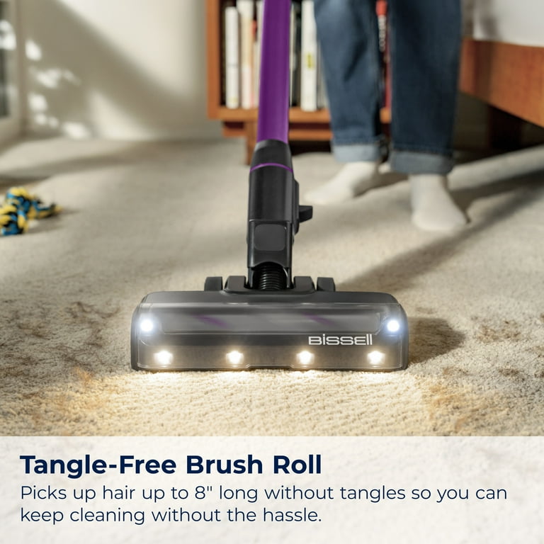 Bissell PowerClean FurFinder 200W Self-Standing Cordless Vacuum w/Tangle Free Brush Roll, Strong Suction, Removeable Battery, Upholstery Tool & Bright Headlights, Black & Purple, 4031