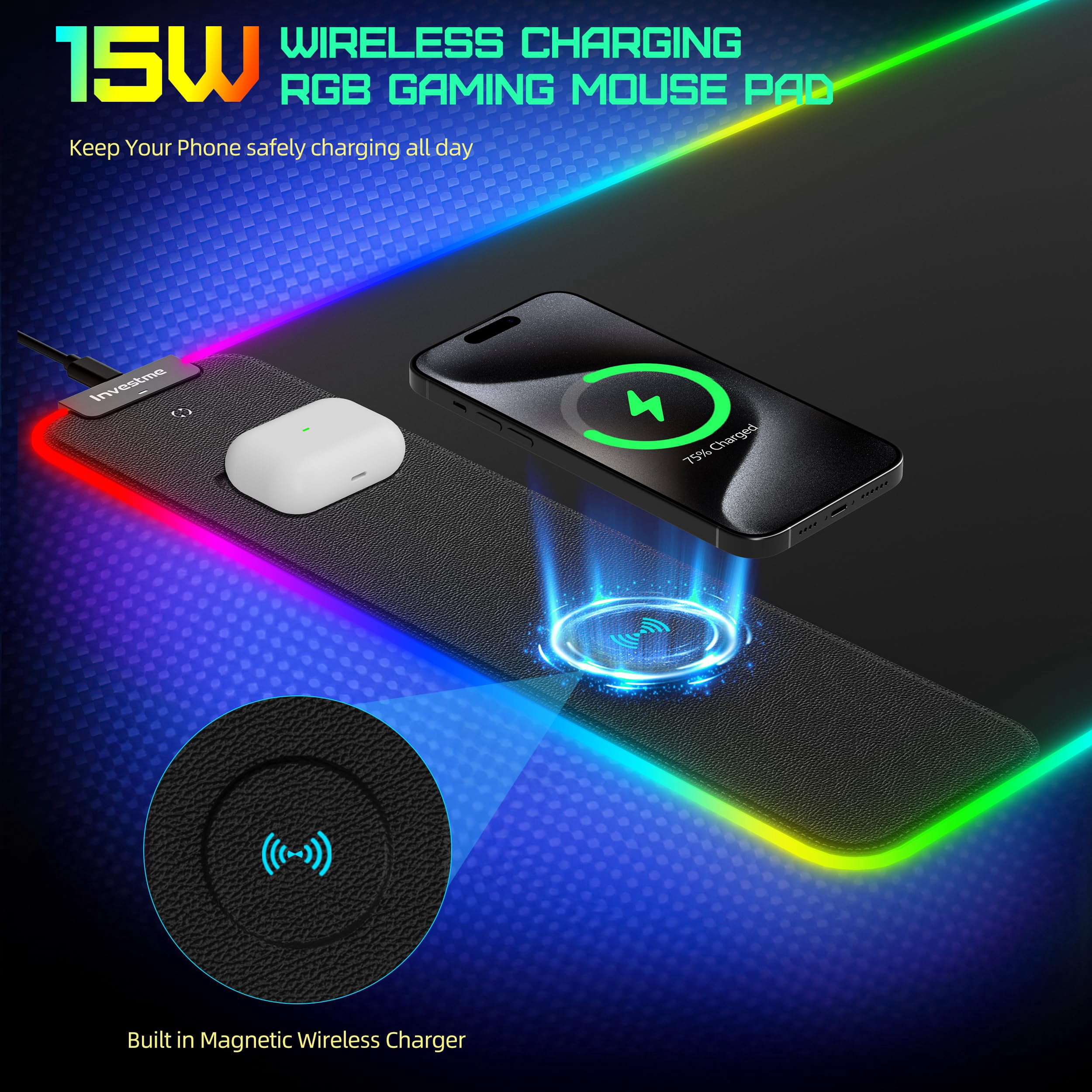 Investme RGB Wireless Charging Gaming Mouse Pad, 15W Fast Charging LED Mouse Mat with 15 Lights Modes, Smooth Surface, Waterproof with Non-Slip Base Large Mousepad