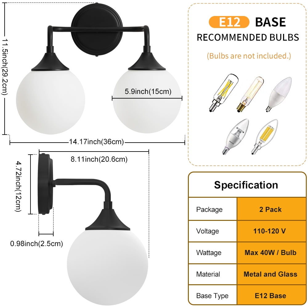 Deyidn 2-Light Black Modern Vanity Light, 14 Inch Dimmable Bathroom Light Fixture with Opal Glass Globes for Mirror