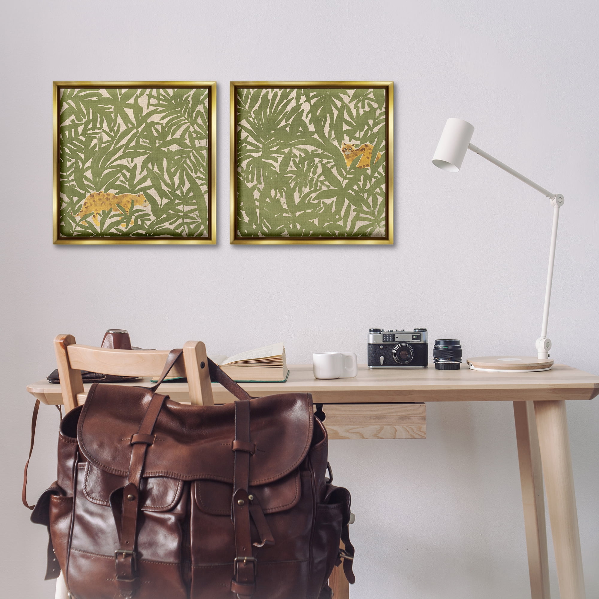 Stupell Industries Hunting Jungle Cat Plants & Flowers Painting Gold Floater Framed Canvas Art Print Wall Art, 18 x 18, Set of 2