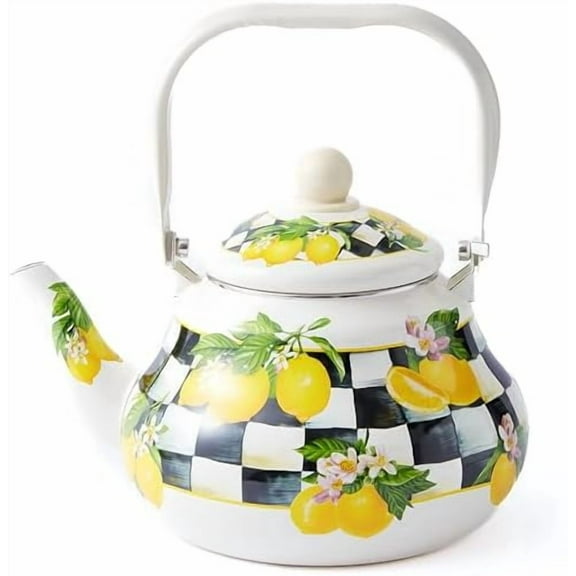 Checkered Tea Kettle with Lemon Pattern – 2 Quart Enamel Stovetop Teapot for Women, Home Cooks, and Farmhouse Kitchen Decor – Decorative Tea Kettle for Boiling Water on Gas or Induction Stove