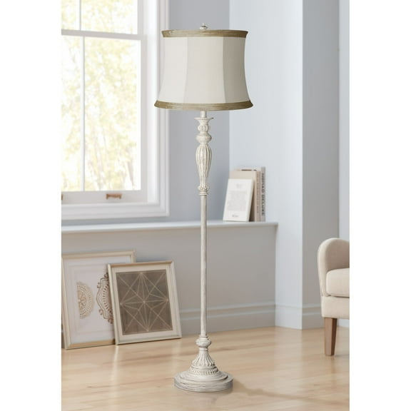 360 Lighting Vintage Country Cottage Floor Lamp Standing 60" Tall Antique White Ivory Taupe Linen Drum Shade for Living Room Bedroom Office House Home