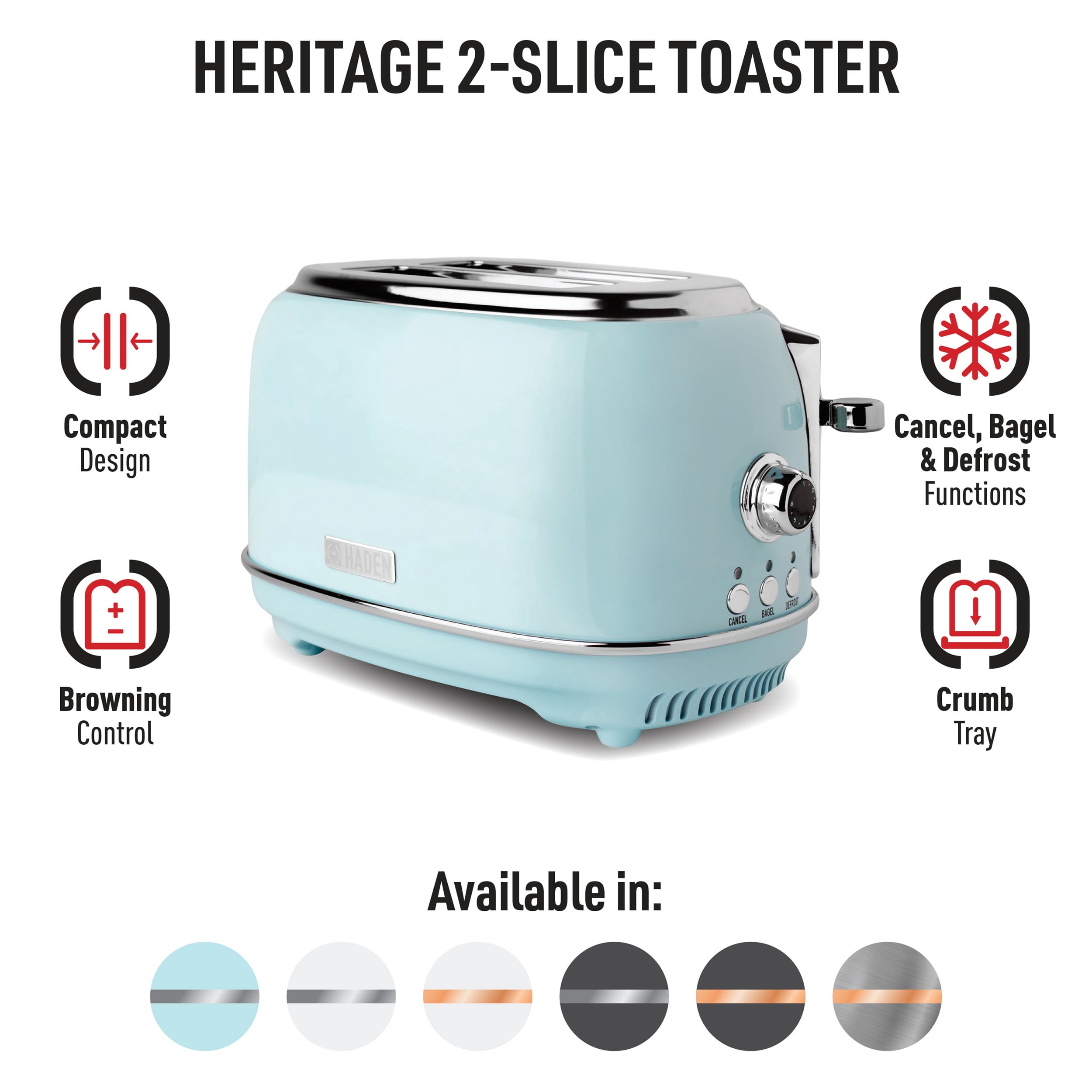 HADEN Heritage 2-Slice Wide Slot Toaster with Removable Crumb Tray, Browning Control, Cancel, Bagel and Defrost Settings