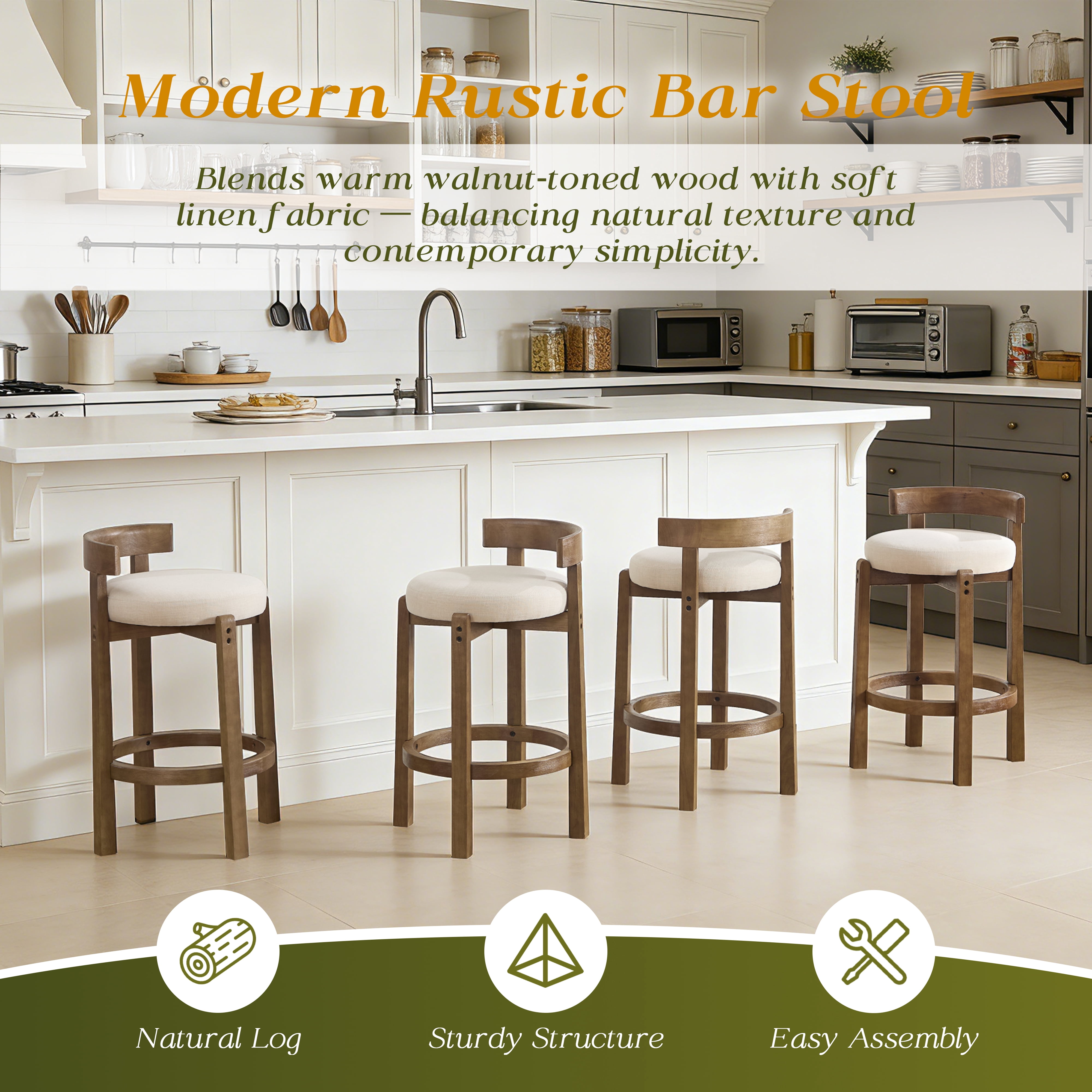 Nordic Style Solid Wood Bar Stool Set of 2 - High Stool for Home Kitchen Island & Bar, Comfortable & Stable