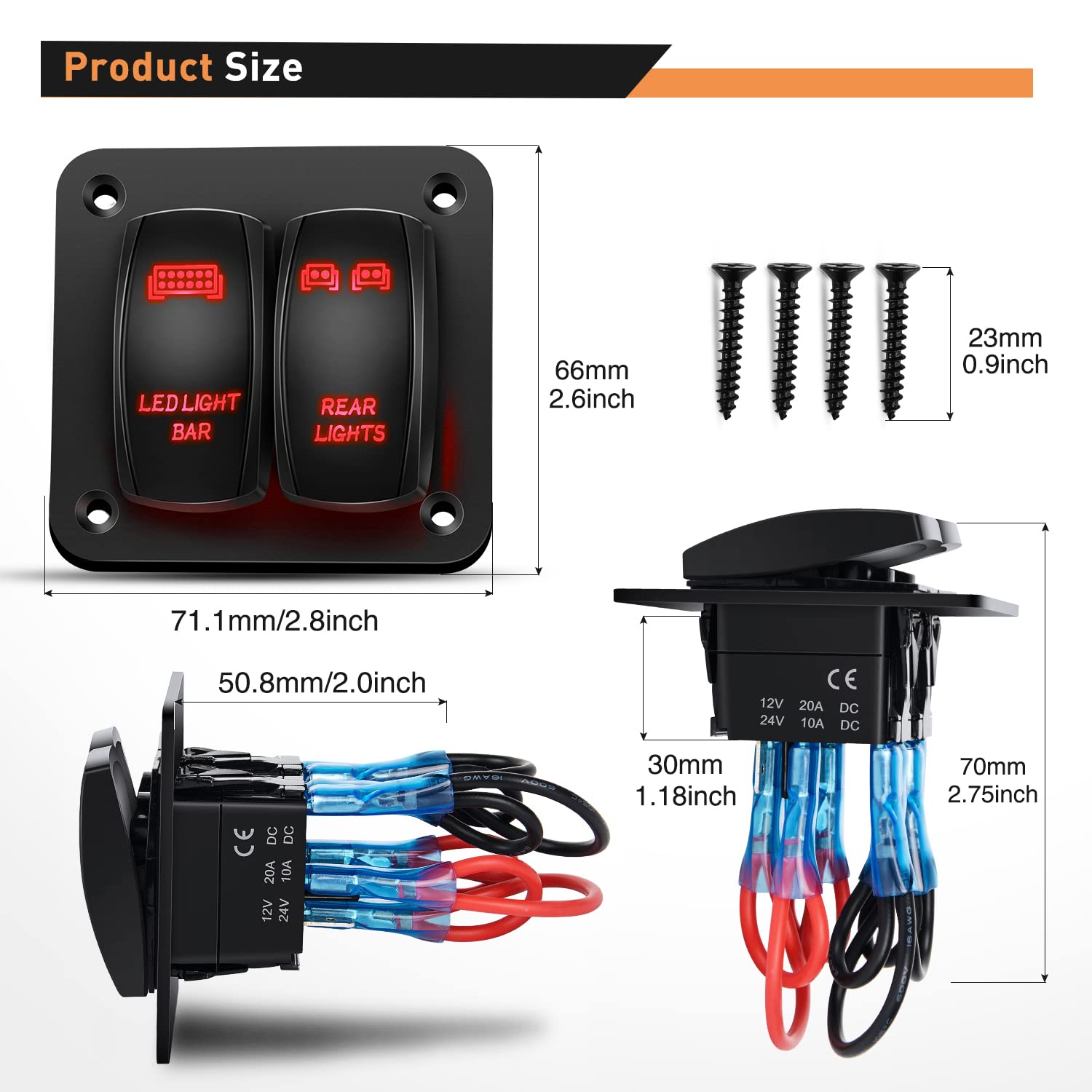 Waywe 2 Gang Rocker Switch Panel LED Light Bar Switch Rear Lights Switch 12 24V DC Red Switches 5Pin ON Off Pre-Wired Toggle Switch Panel for Cars ATVs UTVs