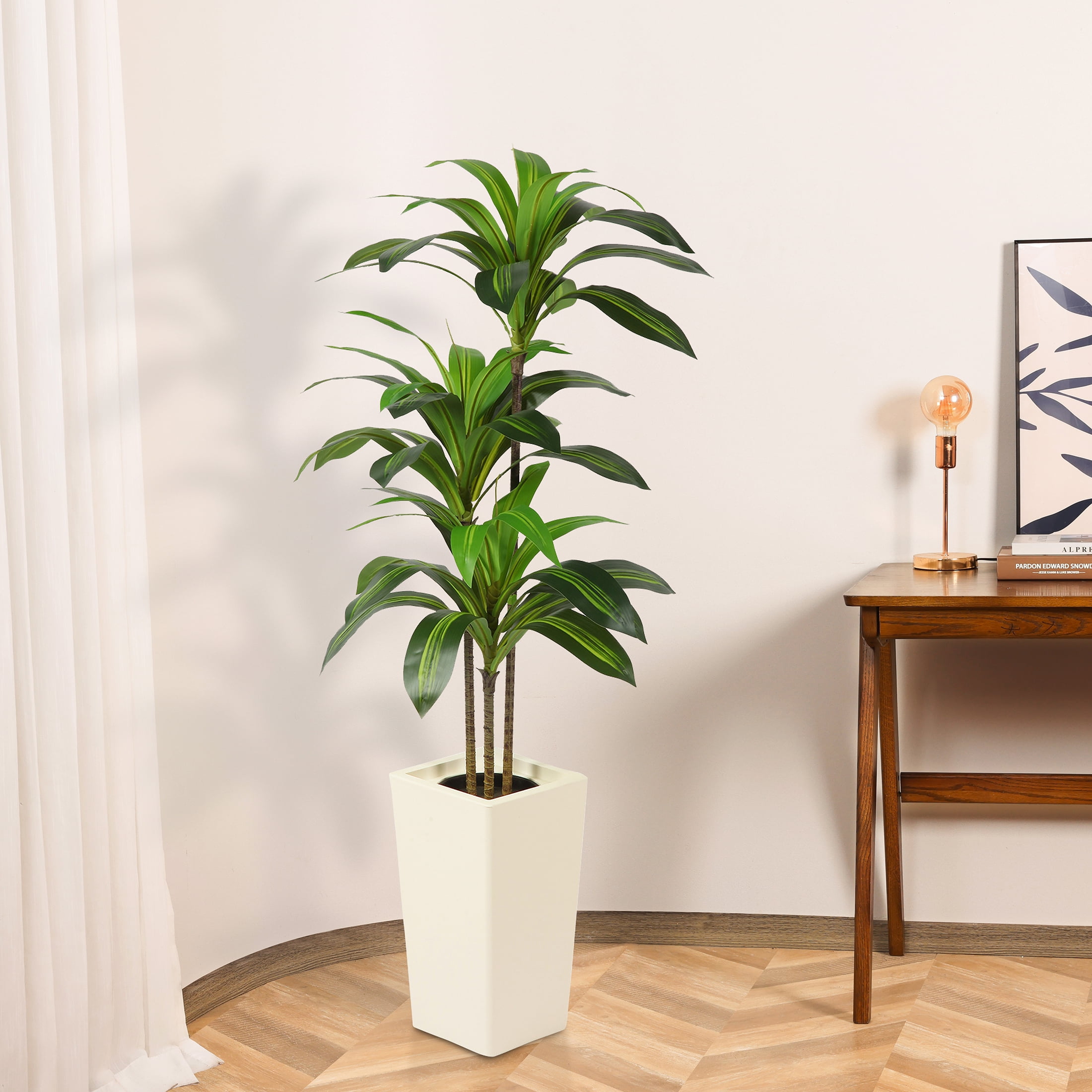HiPlants 5 FT Artificial Dracaena Plant， Faux Dracaena Tree in White Taper Planter with River Rock, Tall Fake Trees with Adjustable Branches for Indoor Home Decor, Office, Pet-Friendly Spaces