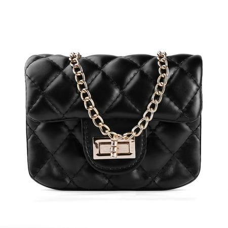 Black Quilted Leather Mini - Women's Lovett Women's Mini Faux Leather Quilted Crossbody Bag with Golden Chain Shoulder Strap