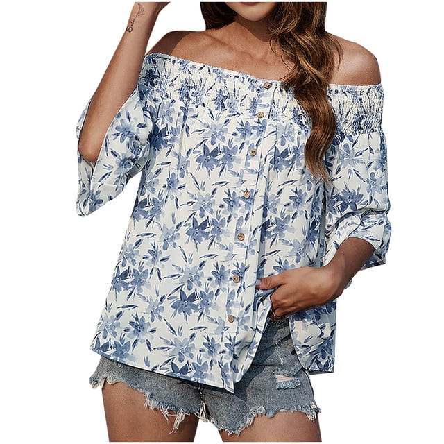 Moda mujer un hombro camisa 1/2 manga estampado Casual Tee Tops blusa Fridja ghk7305