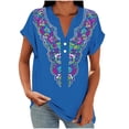thumbnail image 2 of Ayolanni Casual Shirts for Women Dressy Short Sleeve V-Neck Printed Office Blouse Button Down Rolled Tunic Fitted Shirts Summer Tops for Women Blue XXL, 2 of 5