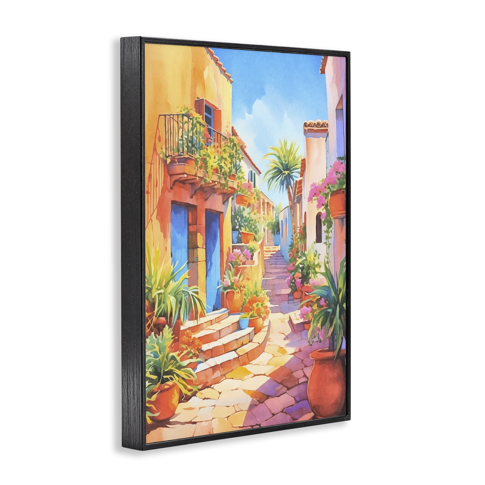 Stupell Industries Bright Mediterranean City Scenery Painting Black Framed Art Print Wall Art, 16 x 24