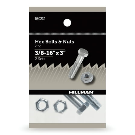 Hillman Hex Bolts and Nuts, 3/8-16" x 3", Steel, Zinc Finish, Silver, 2, sets