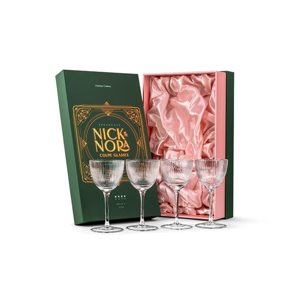 Vintage Art Deco Nick and Nora Coupe Glasses | Set of 4 | 5 oz Crystal Ribbed Cocktail Glassware for Drinking Classic Gin, Whiskey, Vodka Bar Drinks | Retro Long Stemmed Barware Goblets