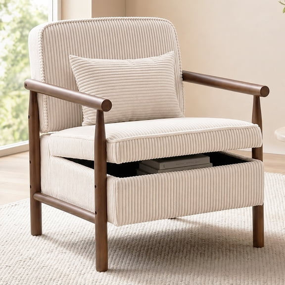 Accent Chair with Hidden Storage, LEGAHOME Antique White Modern Arm Chair for Living Room, Comfy Corduroy Reading Armchair for Bedroom, with Solid Wood Leg for 250lbs Weight Capacity
