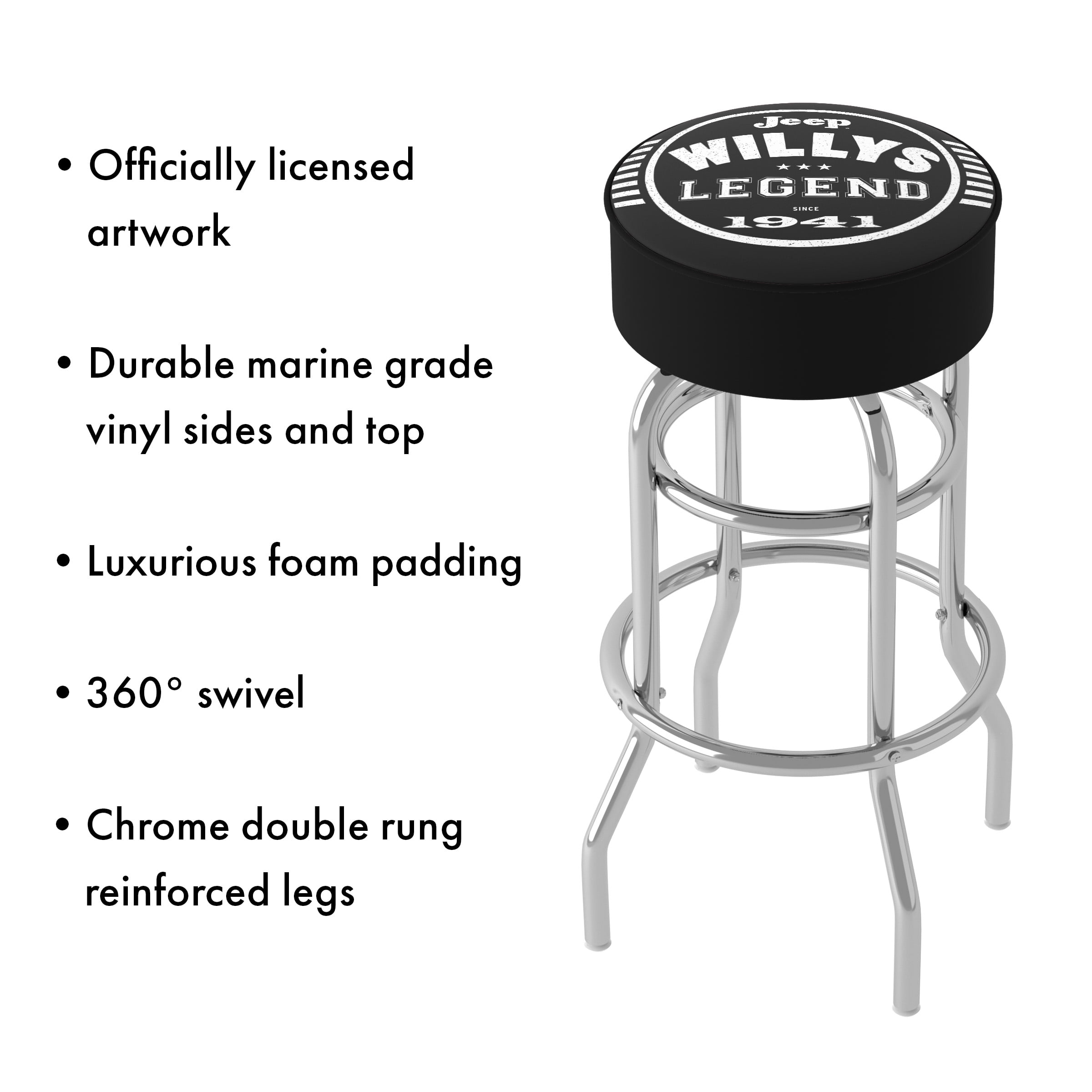 Trademark Gameroom Jeep Willys Legend Black Bar Stool with Padded Seat