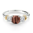 thumbnail image 2 of Gem Stone King 925 Sterling Silver and 10K Yellow Gold Red Tiger Eye and White Moissanite 3 Stone Engagement Ring for Women (1.64 Cttw, Cushion Cut 6MM and 4MM, Available in Size 5, 6, 7, 8, 9), 2 of 4