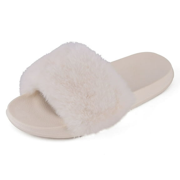 LANREMON Winter Cute Fluffy Slippers For Women Slide-on Furry Plush Indoor and Outdoor Open Toe House Slipper Beige