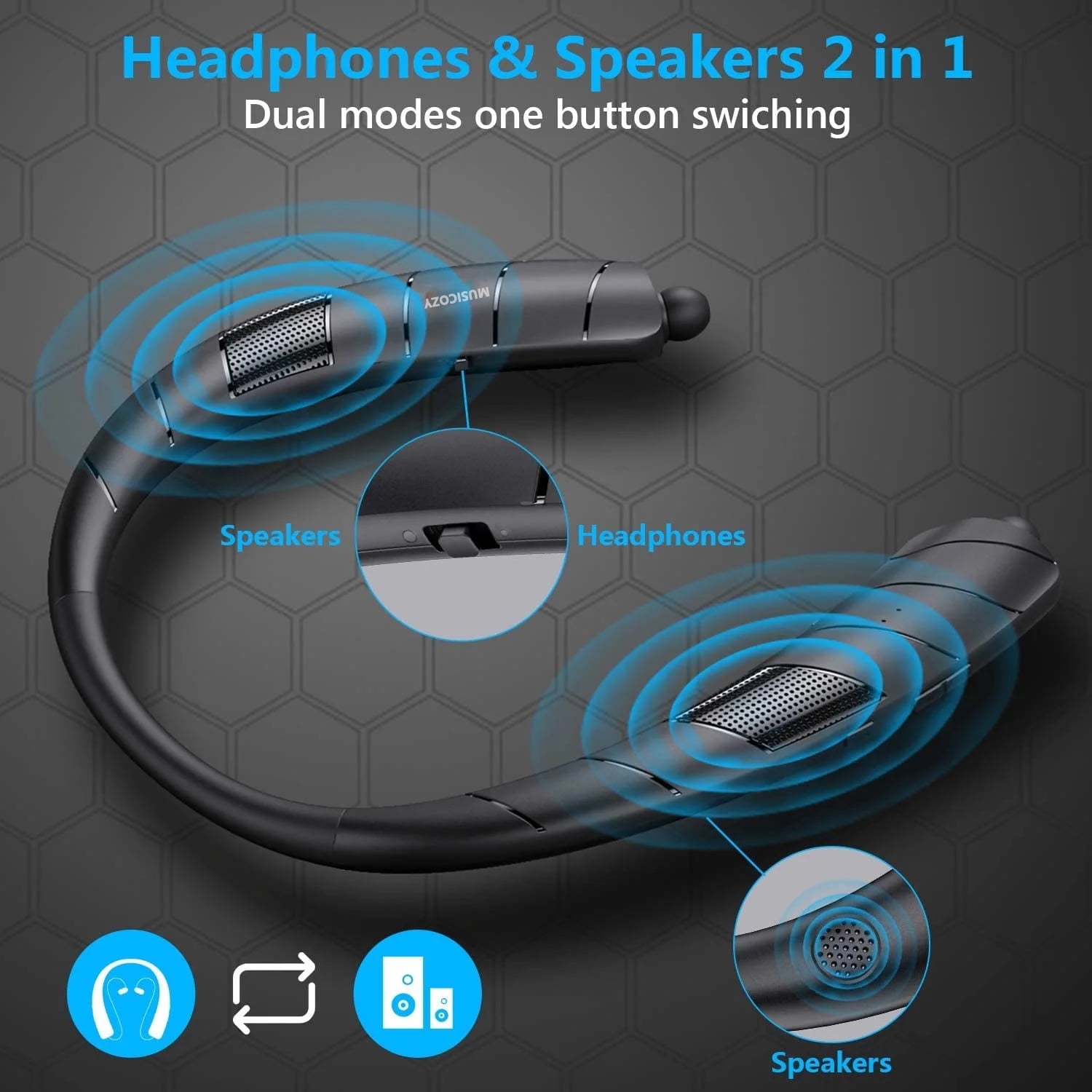 Bluetooth Headphones Speaker 2 in 1,Neckband Bluetooth Headphones with Retractable Earbuds,3D Stereo Sound CVC 8.0 Noise Cancelling Personal Sport Sweatproof Speaker (Black)