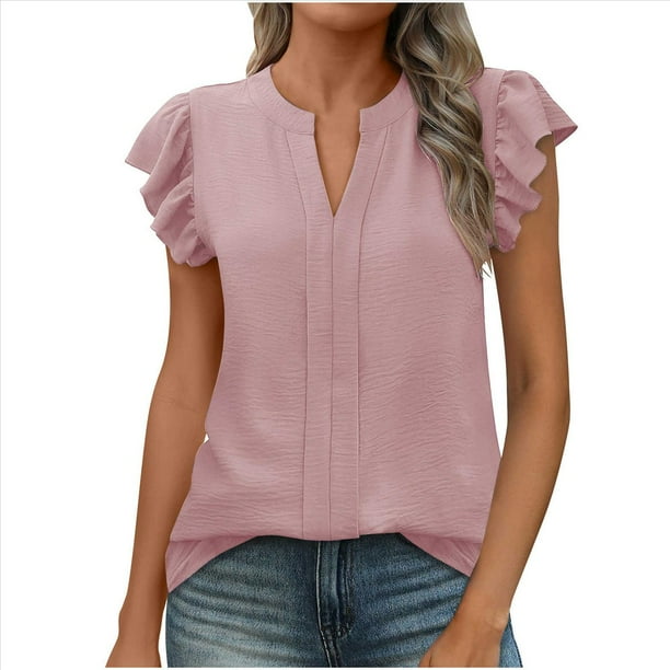 Camiseta de Corta con Cuello en V y Estampado de Hojas de para Mujer, Color Rosa, Talla L