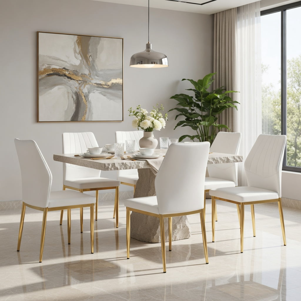 Hommoo 6-Piece Dining Chairs Set, 37 in Tall Ergonomic PU Leather Chairs with Metal Frame, Breathable Cushion & Adjustable Non-Slip Feet for Modern Dining Rooms, White & Gold