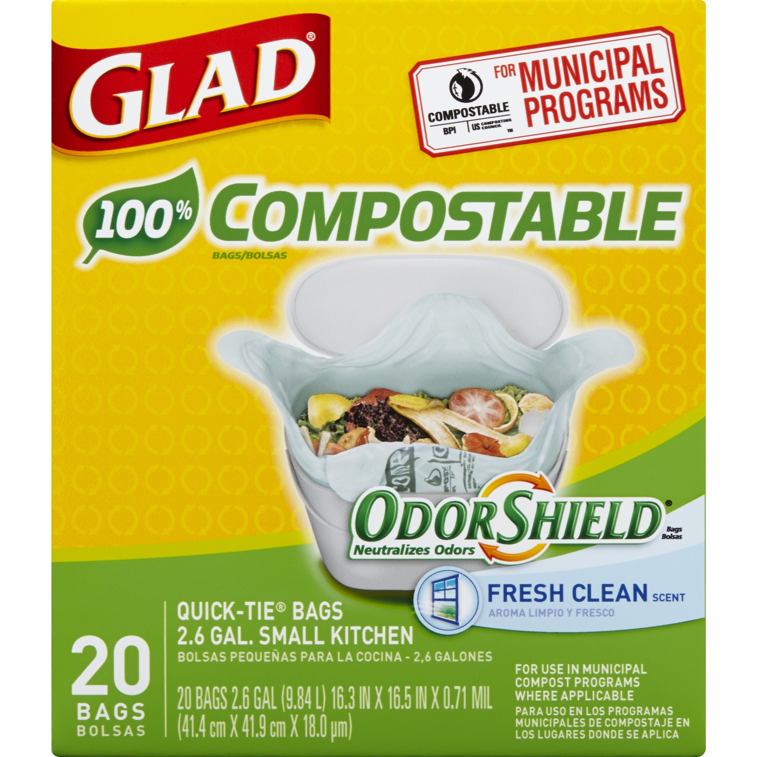 Glad Kitchen Compost Bags - OdorShield 2.6 Gallon 100% Compostable Green Trash Bag, Febreze Fresh Lemon - 20 Count - image 3 of 6