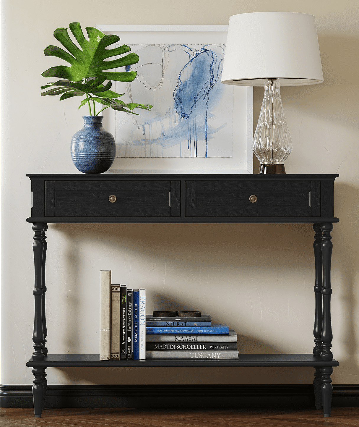 CBJCBJ40"Vintage Minimal Assembly Console Table with 2 Storage Drawers,Suitable for Living Room,Black