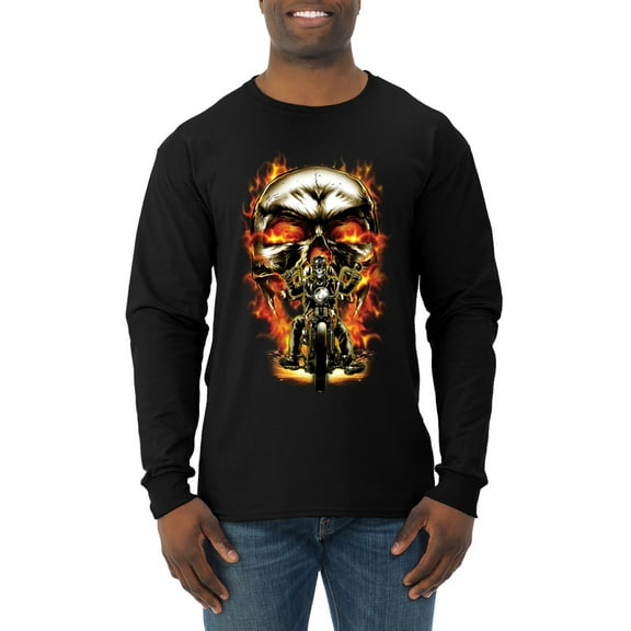 Flaming Motorycle Hell Fire Skull Biker | Mens Fashion Long Sleeve T-Shirt, Black, Small