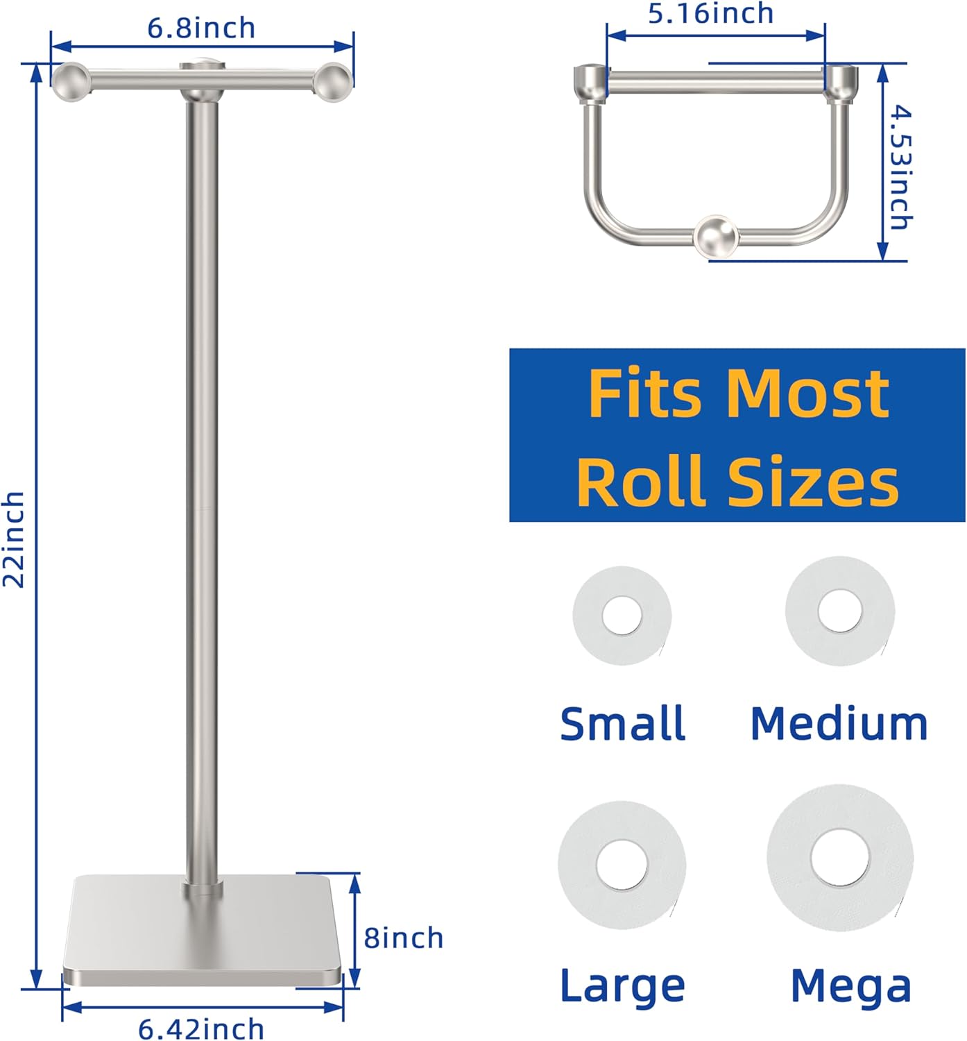 Toilet Paper Holder Stand, Bathroom Toilet Paper Roll Holder Free Standing, Toilet Tissue Holder Stand with Post Pivoting Design, Stable Weighted Base, SUS304 Stainless Steel (Brushed Nickel)