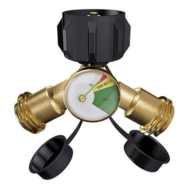 Propane Y-Splitter Adapter with Gauge 2 Way LP Gas Adapter BBQ Tee Connector