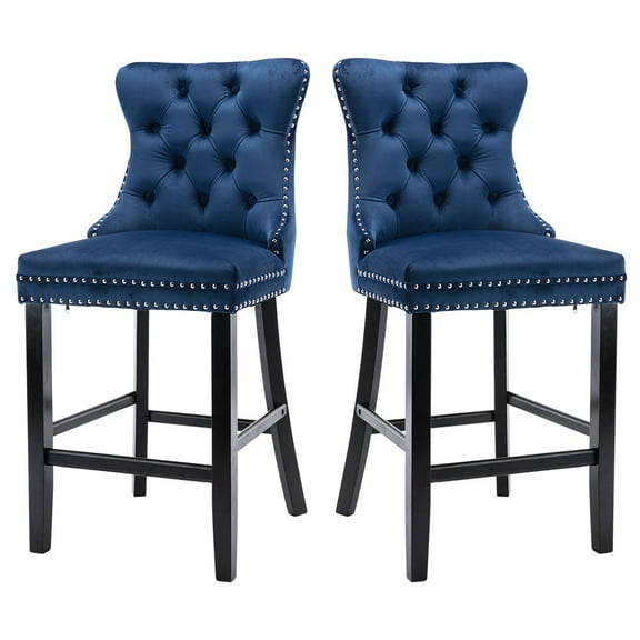 Paproos Upholstered Bar Stools Set of 2, Velvet Barstools with Wood Legs and Tufted, Modern Leisure Counter Height Bar Chairs with Chrome Nailhead Trim for Home Pub and Kitchen Island, Blue