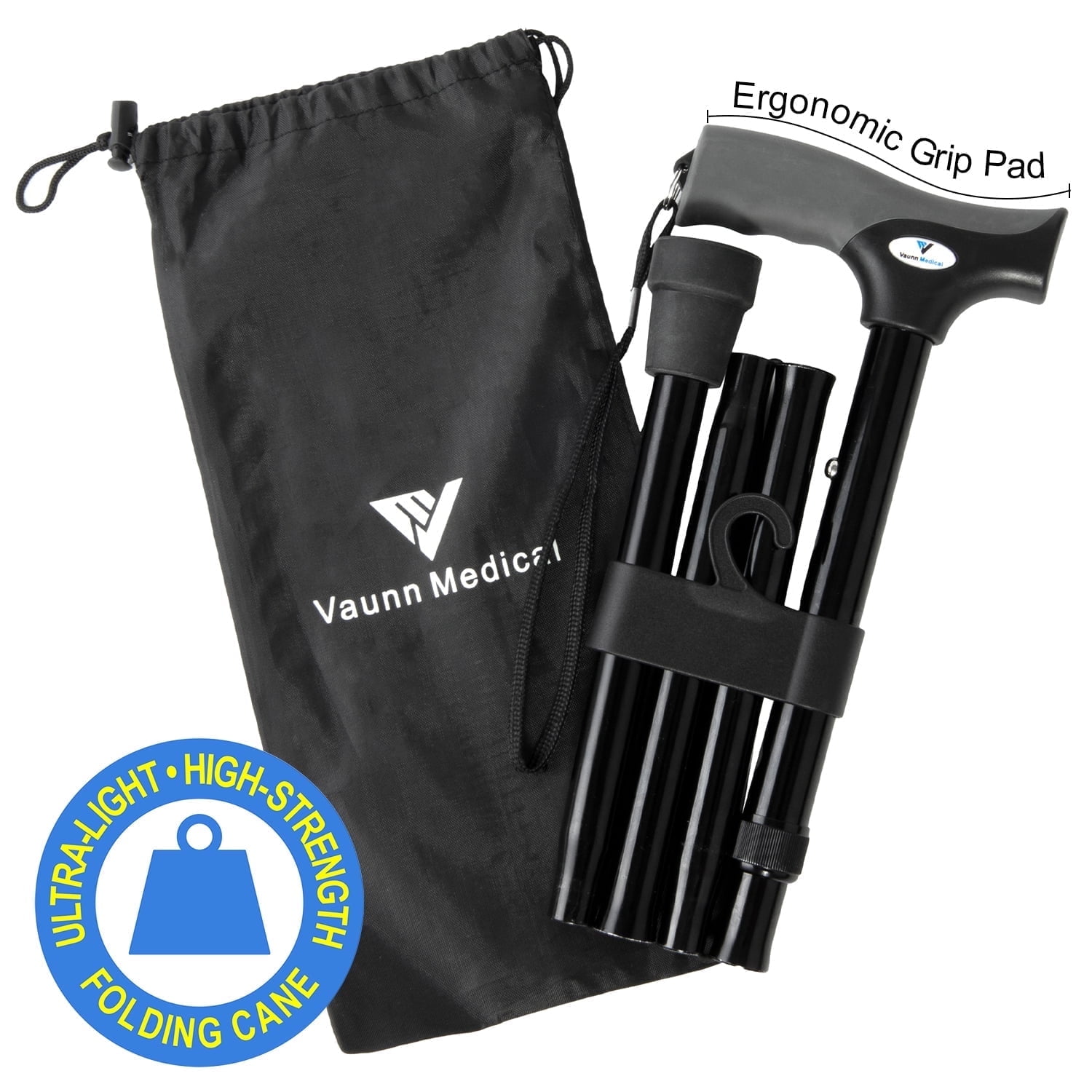 FSA/HSA Eligible, Vaunn Medical Easy Grip™ Height Adjustable Folding Cane/Walking Stick with Strap/Pouch- Compact, Portable, and Safe Walking Assistant- Non-Slip Grip Handle