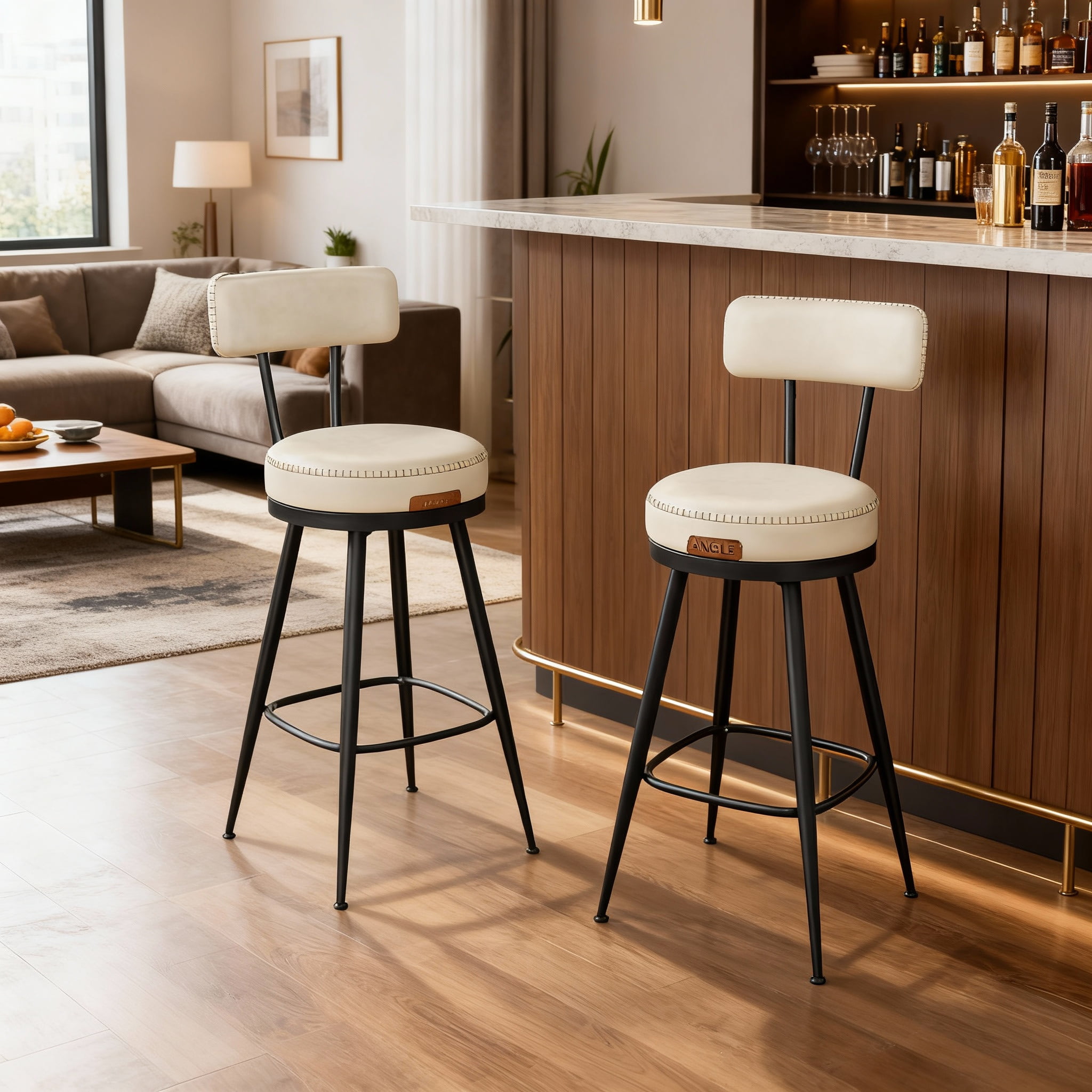 LEDREM Set of 2 Swivel Bar Stools, 25.6-Inch Counter Height Stools with Backrest & Synthetic Leather, Mid-Century Modern, Cream White