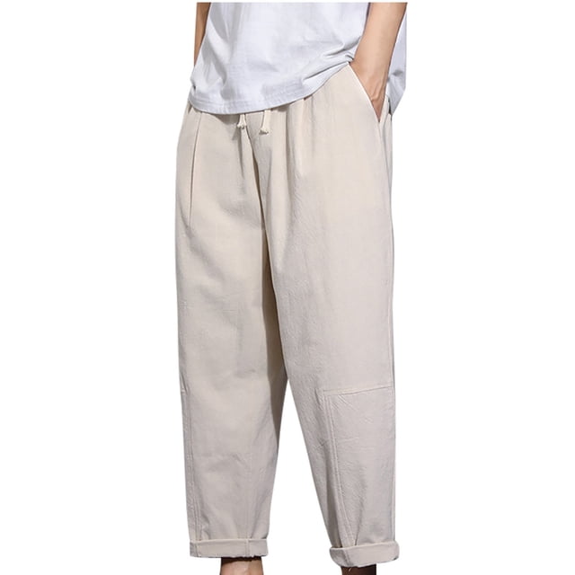 Diufon Men's Cotton Linen Pants Casual Drawstring Waist Straight Leg Loose Cropped Trousers with Pockets