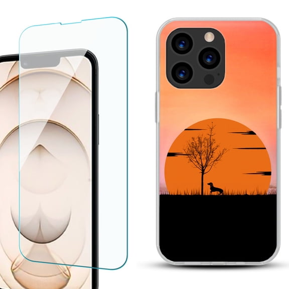 Slim-Fit Anti-Scratch Gel TPU Phone Case for iPhone 13 Pro, with Tempered Glass Screen Protector, by OneToughShield ® - Sunset Dachshund