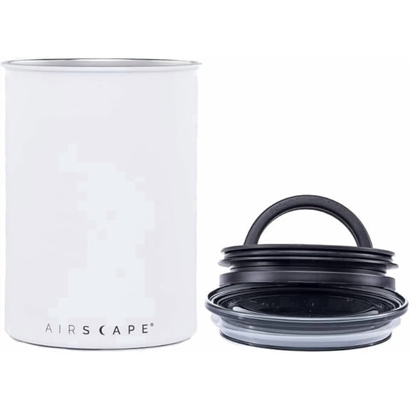 Planetary Design Airscape Stainless Steel Coffee Canister | Food Storage Container | Patented Airtight Lid | Push Out Excess Air Preserve Food Freshness (Medium, Matte White)